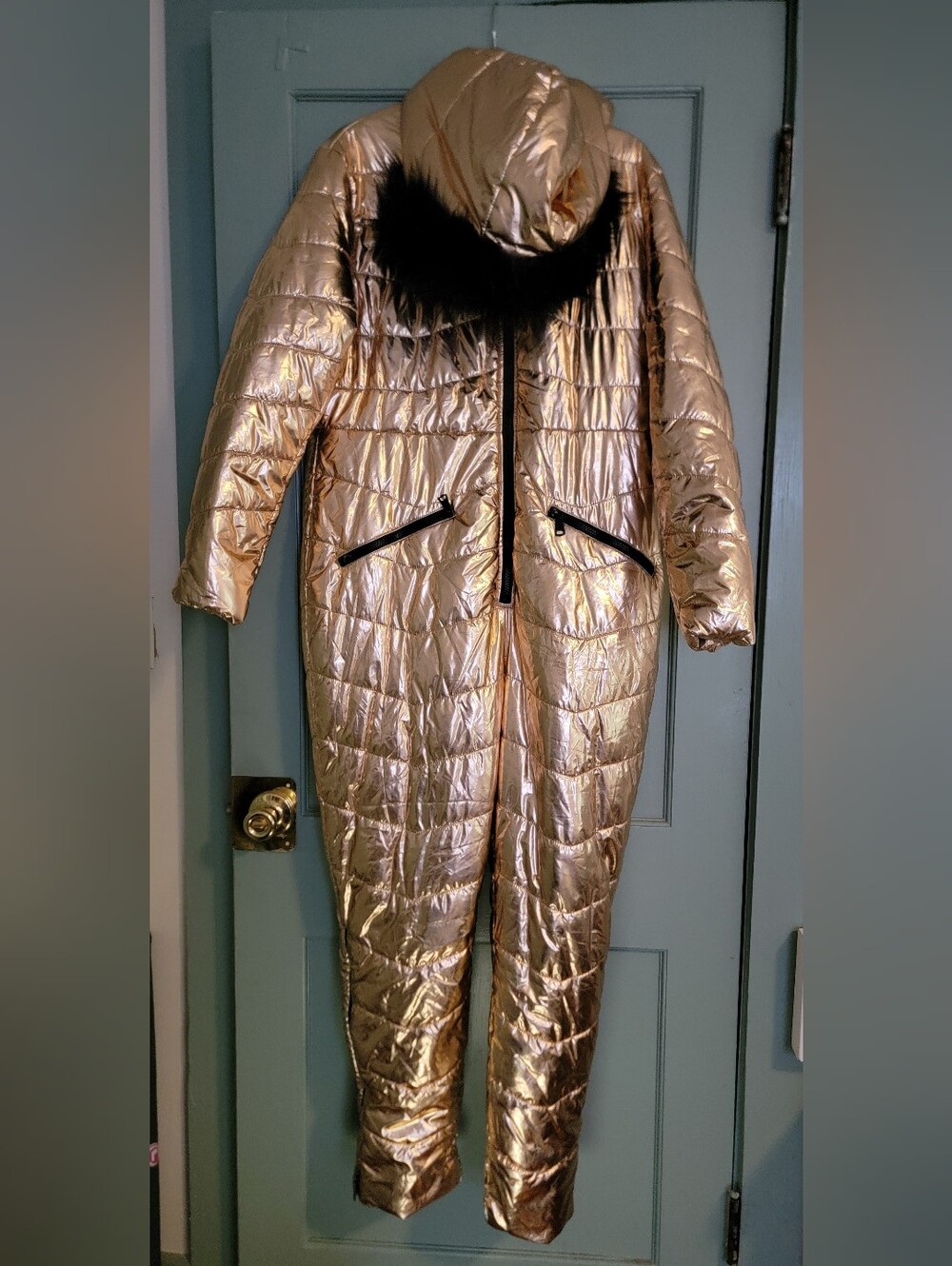 Metallic Gold Quilted Long Puffer Snowsuit with Black Faux Fur Trim